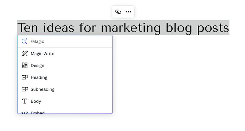 Canva Magic Write screenshot showing new Doc with title